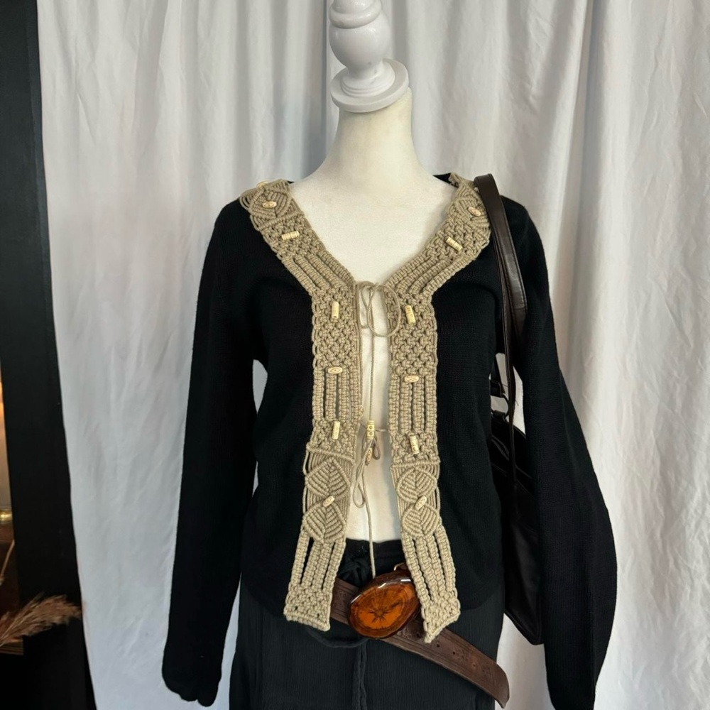 Black Cardigan with Beige Crochet Details